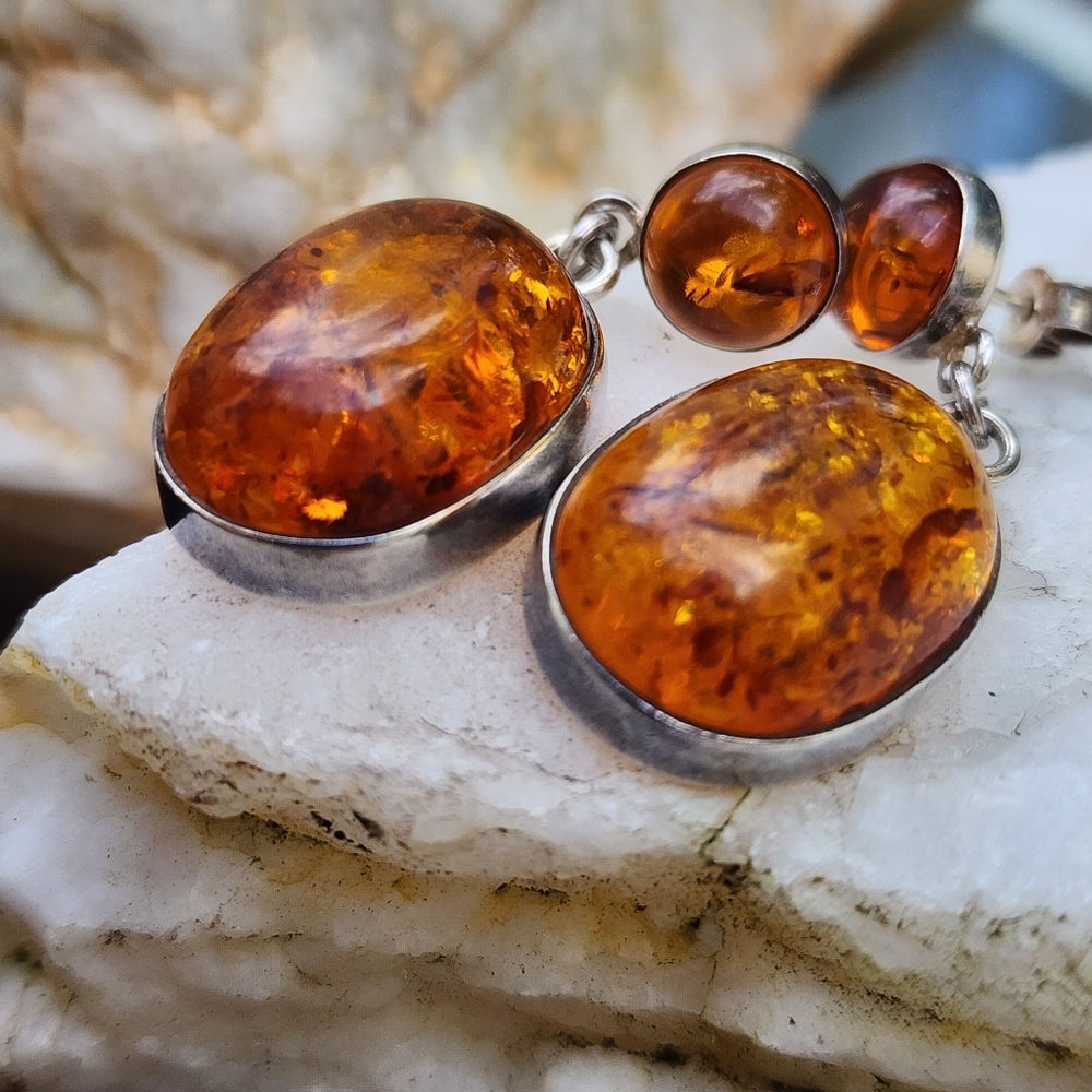 VINTAGE AMBER DROP DANGLE LONG EARRINGS 925 STERLING SILVER